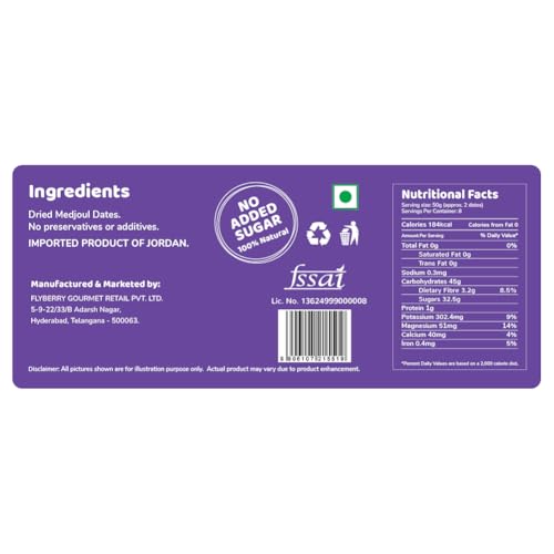 Image of Flyberry Gourmet Large Medjoul (Medjool) Dates | Rich Source of Potassium & Iron | No Added Sugar or Preservatives | Low GI Energy Snack | Khajoor | Khajur | 500 g