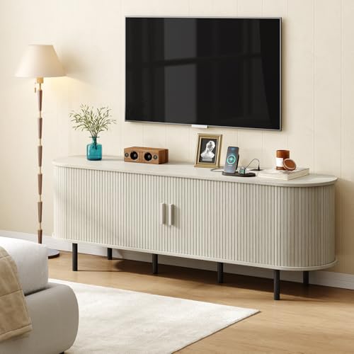 Image of ONBRILL 70.8 inch TV Stand with Power Outlet for TVs up to 75 Inch, Entertainment Center with Storage and Adjustable Shelves, Modern Media Console with Sliding Doors for Living Room, Natural White