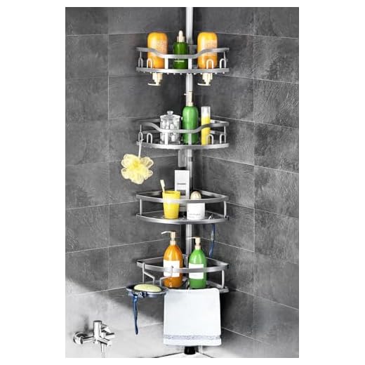 HAMITOR Corner Shower Caddy Tension Pole: Rustproof 4-Tier Bathroom Organizer Shelves for Bathtub Shampoo Storage - 47-121 Inch Quick Install Adjustable Rod Standing Rack with Soap Rack - Silver Gray