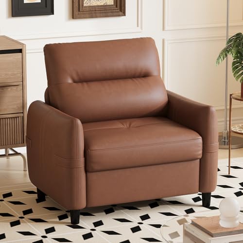 Image of Brown Leather Accent Chair, Oversized Deep Seat Armchair Living Room | STHOUYN Leather Reading Chair, Comfy Deep Seat Armchair with Mid-Century Style, Office Bedroom Apartment Waiting Room, Brown