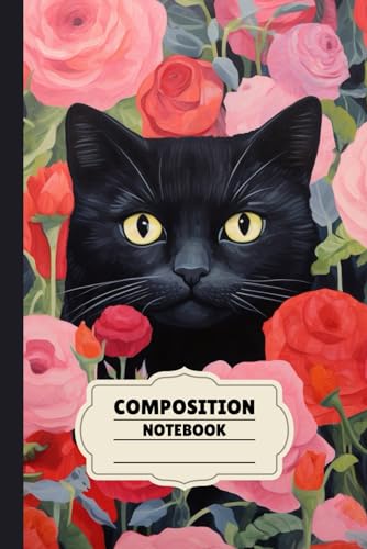 Composition Notebook Wide Ruled: Scottish Fold Black Cat Playful Hide in Big Rose Flower Design for Cat Lovers, 100 Pages, Size 6” x 9”, White Paper, ... Women Student College, Home School Supplies image 2