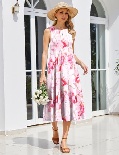 Image of HOTOUCH Summer Casual Dresses for Women Sleeveless Midi Dress Swing Tank Sundress Pleated Tshirt Dress with Pockets