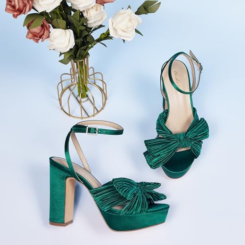 Elisabet Tang Vintage Bow Strappy Platform Chunky Block Heels Satin Bowknot Round Toe Sandals 4 inch for Evening Prom Comfortable4