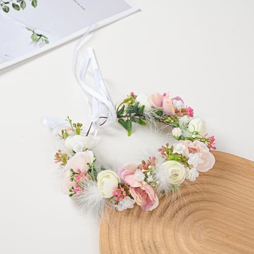 Baby Girls Flower Crown Flower Girl Headpiece boho Little Wreaths for Weddings, Family photography (Pink White)2
