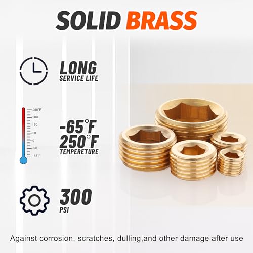 Image of 35Pcs Brass Pipe Fittings Socket Plug Kit,1 /8 inch 1 /4 inch 3 /8 inch 1 /2 inch 3 /4 inch | NPT Male Internal Hex Thread Socket Pipe Plug Assortment Set,5 Sizes