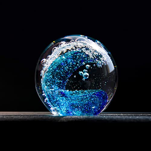 Kangming Hand Blown Ocean Wave Glass Paperweight(Present A Gift Box) Art Glass Crystal Figurines,Home Decor Collectible Statue(3.2 Inch Teal Blue And Royal Blue) #TOP1