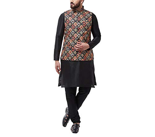 Image of SOJANYA (Since 1958 Men's Silk Blend Black Kurta Pyjama & Printed Nehrujacket Combo