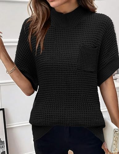 Image of Women 2026 Sweater Vest Mock Neck Batwing Short Sleeve Oversized Ribbed Knit Tops Fall Pullover Sweater S-XXL