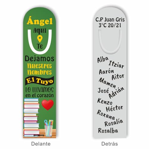 SUPER STICKER Marcapáginas de aluminio para libros, libretas etc., regalo para profe, regalo fin de curso (R24) personalizado a 2 caras con nombres de alumnos y profe