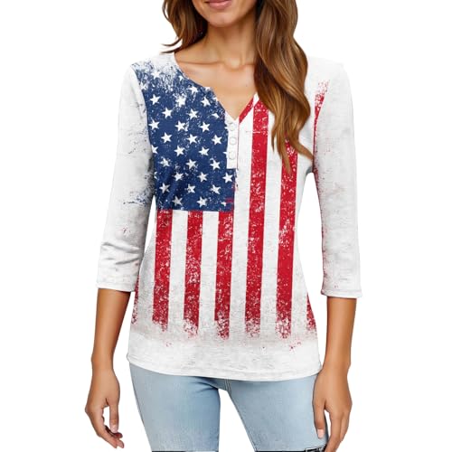 Image of 4th of July Shirts Women 3 /4 Length Sleeve Womens Tops Henley Neck Casual Patriotic T Shirts