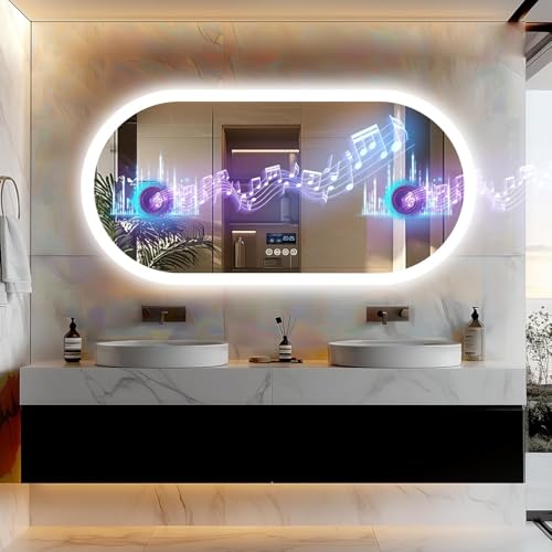 LUVODI Miroir Salle de Bain Ovale: 120x60cm Miroirs LED Mural avec Éclairage Lumineux Antibuée Bluetooth Miroirs Toilette 4 Tactile avec Horloge et Prise