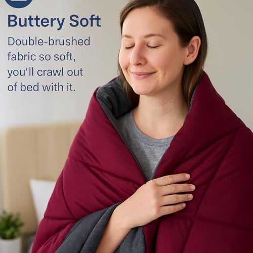 Image of Bed Comforter - Double Size - Elegant Dark Grey & Burgundy - 300 GSM Quilt Blanket Rajai - Winter Warm Down Alternative Duvet Insert with Corner Ties