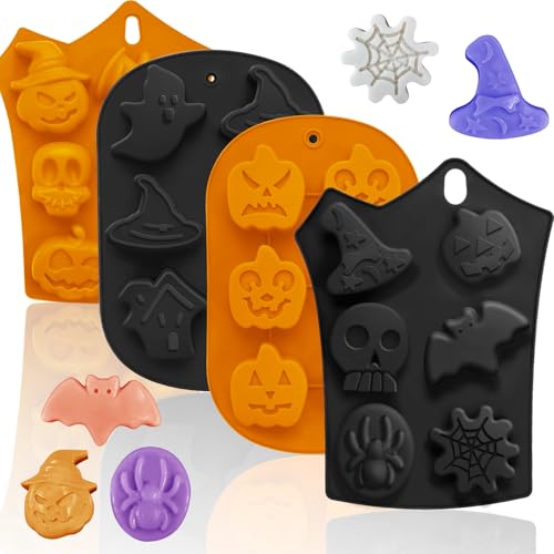 Halloween Silicone Molds Set 19 Shapes Large Baking Molds Pack of 4 Including Pumpkin Skull Ghost Bat Hat Spider Web House Molds, 3D Spooky Homemade Soap Candle Ice Pan Muffin Cupcake Moulds Oven Safe