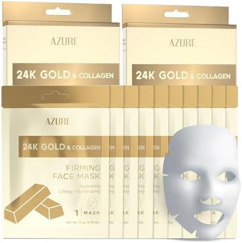 24K Gold & Collagen Korean Face Sheet Masks, Dermatologist Tested, 10 Pack