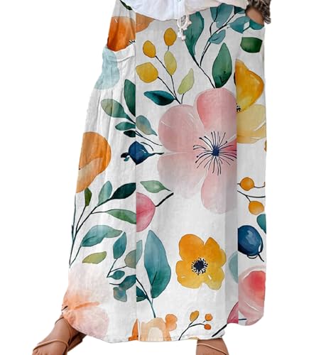 Women Fall Boho Floral Print Maxi Skirt Casual High Waist Loose Baggy Flowy Beach Vacation Long Skirt with Pocket