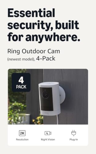 Image of Ring Outdoor Cam, Plug-In (newest model), Home or business security, Wide-Angle Retinal 2K Video, 6x Enhanced Zoom, Night Vision for true color in low light, 4-Pack, White