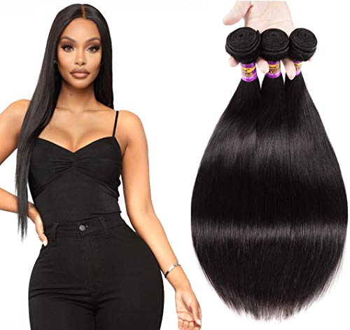 Luduna Brazilian Virgin Human Hair Straight Hair 3 Bundles 100% Unprocessed Virgin Hair with Mixed Lengths 100% Human Hair Extensions (12 14 16inch, Natural Color)