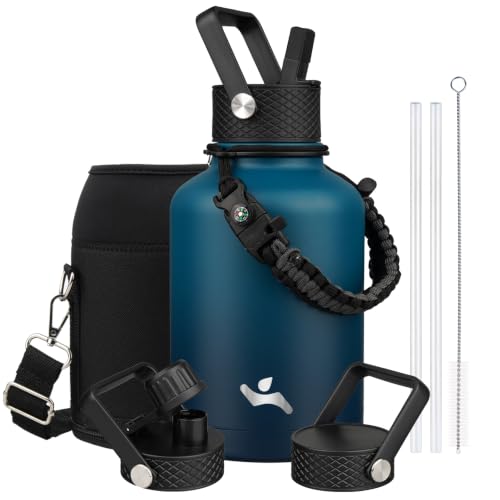 Image of Konokyo Insulated Water Bottle with Straw,50 oz 3 Lids Water Jug with Carrying Bag,Paracord Handle,Double Wall Vacuum Stainless Steel Metal Flask,Indigo Black