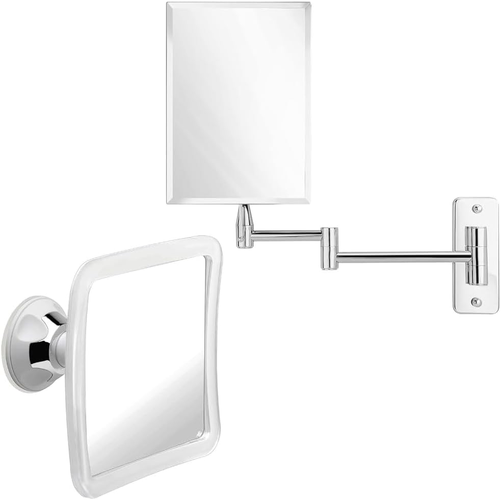 Fogless Shower Mirror for Shaving with Upgraded Suction, Anti Fog Shatterproof Surface and 360° Swivel & Frameless Wall Mount Mirror for Bathroom with 11" Extension Swivel, No Magnification Bundle