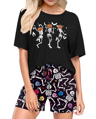 Ithalt Halloween Pajamas Women Skeleton Print Short Sleeve Tops and Shorts Pjs Set Skull Sleepwear Spooky Loungewear(SkeletonBlack Medium)