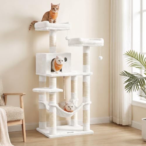 Image of Feandrea Cat Tree, 56.3-Inch Cat Tower for Indoor Cats, Multi-Level Cat Condo with 11 Scratching Posts, 2 Perches, Cave, Hammock, Cream White UPCT015W02