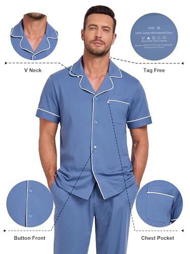 Image of COLORFULLEAF 100% Cotton Mens Pajamas Set Short Sleeve Loungewear with Long Pants Button Down Sleepwear Soft Comfy Pj for Men