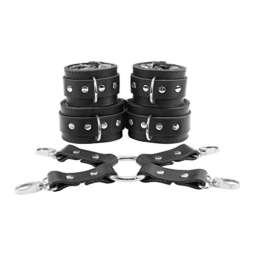 Amelia Wrist Cuffs Ankle Cuffs Leather Connector Set Genuine Leather Chinchilla Fur (Black)