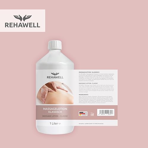 REHAWELL Massagelotion Klassisch 1 L – professionelle Massagelotion mit Avocadoöl & Vitamin E, vegan, ohne Parabene & Farbstoffe, Made in Germany – für Massageanwendungen