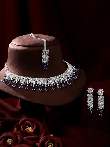 Image of ASMITTA Jewellery Silver American Diamond Necklace Set with Maang Tikka | Traditional Rhodium-Plated CZ Jewellery Sets for Women | Perfect for Bridal Weddings, Festivals & Special Occasions