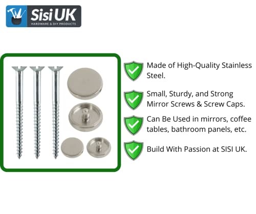 50mm Mirror Screw & 13mm Chrome Flat Decorative Screw Cap Covers for Mirror Tables Bath Plates, Wardrobes & Glass Signs - Pack of 20 - Image 3