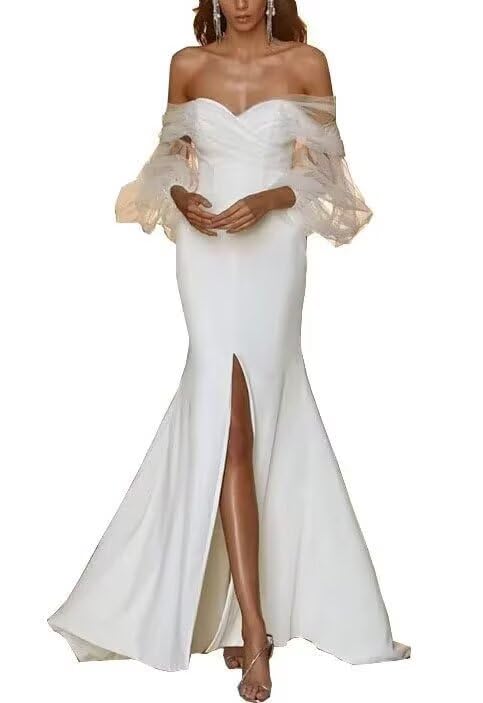 Image of Women's Mermaid Satin Wedding Dress for Bride Off The Shoulder Long Wedding Gown for Women