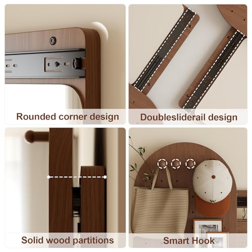 Image of KungFuWood Full Length Mirror with Shelf and Hooks,Entry Way Mirrors for Wall,Wall Mirror with Shelf,Wall Mirror with Storage Multifunctional Design Panel,Living Room (Deep Walnut, 52.4 inch L x 19 inch W)