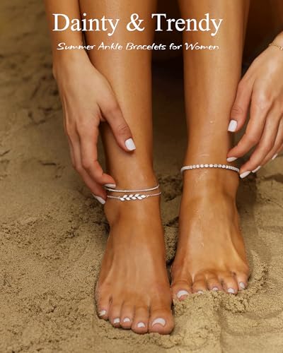 Image of ZHESHY Gold Silver Ankle Bracelets for Women 14K Gold Plated Anklets for Women Waterproof Cuban Link Heart Chain Anklets Set Non Tarnish Dainty Layered Anklet Bracelets for Women Summer Beach Jewelry