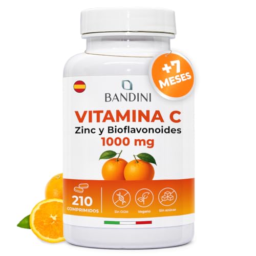 Bandini® Vitamina C 1000mg + Zinc + Bioflavonoides | 210 comprimidos - 1 por día | Sistema inmunológico y Antioxidante | Piel, huesos, uñas, cabello | Suplemento Defensas Inmunitarias | Vitamin C pura