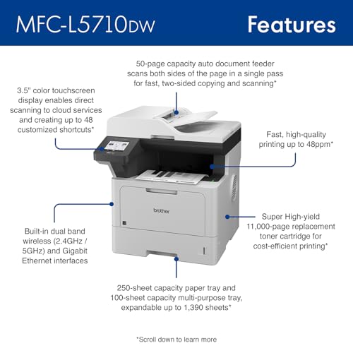 Image of Brother MFC-L5710DW Business Monochrome Laser All-in-One Printer with Wireless Networking and Duplex Print, Scan, and Copy, Works with Alexa
