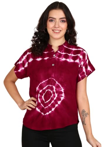 Image of Maaesa Women Handmade Regular Fit Tie-Dye Rayon Top | Casual Wear & Office Wear | Short Sleeve | Mandarin Neck | Lightweight & Breathable Fabric