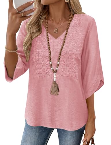 Rapbin Rapbin Womens Blouses Dressy Casual 3/4 Sleeve Tops for Women Pink