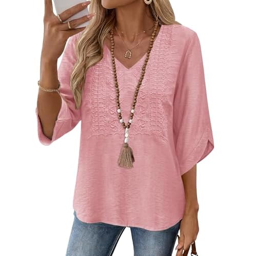 Rapbin Womens 3/4 Sleeve Tops Embroidered Lace Blouses Boho Summer Shirt