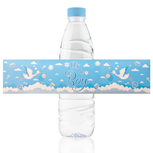 URROMA 48 Pcs Blue Baby Gender Reveal Water Bottle Labels Stickers for Baby Shower Party Boy, Vinyl, Minimalist, Rectangular