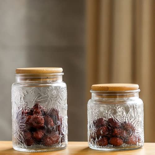 Image of ANSQU Set of 4 Vintage Glass Airtight Storage Jars, 17 FL OZ Glass Storage Containers with Bamboo Lids, Canning Jar for Kitchen Counter, Pantry, Cookie, Coffee, Tea, Sugar, Cute Jars | Glass Food Storage Containers for Coffee, Tea, Sugar, Candy, Cookie, Overnight Oats Containers, Cute Jars