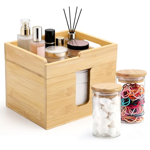 InnJoey Bamboo Disposable Face Towel Holder with 2 Glass Jars - Open-Top Skincare Organizer for Facial Cleansing Wipes & Beauty Essentials - Bathroom Countertop Vanity Organizer 12oz