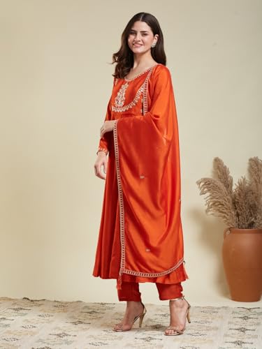 Image of MOKOSH Women's Silk Embroidery Anakrali Kurta Pant with Dupatta | Anarkali Kurta Set | Round Neck Full Sleeve Ethnic Suit | Floral Kurta 7 Colour Option Available | 3 Piece Outfit