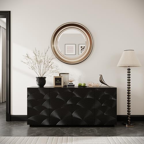 GDFStudio 59" Modern Buffet Sideboard Cabinet with 4 Doors, Wood Credenza Storage Cabinet with Spiral Grain Design Wear-resistant Base, Floor Storage Cabinet for Living Room Dining Room Kitchen, Black