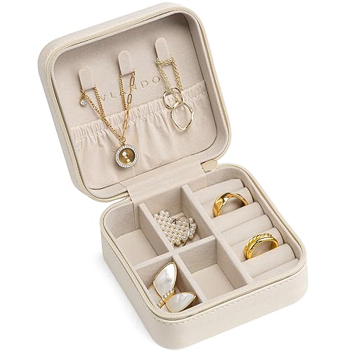 Vlando Wedding Gifts - PU Leather Small Jewelry Travel Organizer, Travel Jewelry Case for Ring, Mini Jewelry Box for Earring, Necklace, Bracelet Milky White Beige S 1