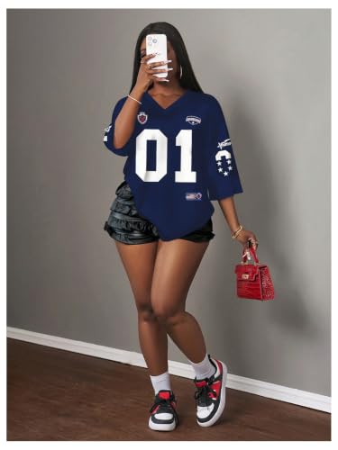 Image of RoseSeek Women's Jersey Shirts Number Graphic V Neck Football T Shirts Tops