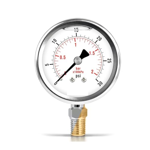 Manomètre 0-30 PSI boîtier inox rempli liquide avec raccord vertical 2.5 pouces