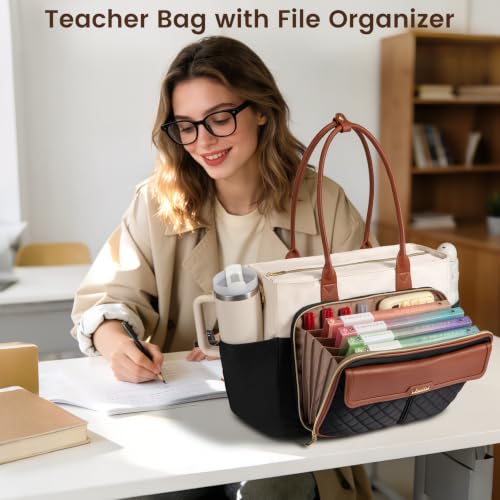 Image of LOVEVOOK Teacher Tote Bag for Women, Laptop Bag Briefcase with Accordion File Pocket, Nurse Handbag for Work, Travel, College