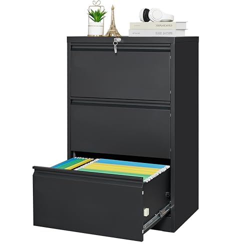 GarveeLife 3 Drawers Lateral File Cabinet with Lock, Metal Filing Cabinet with Card Holder, Steel Drawer File Cabinets Under Desk for Home Office Legal/Letter/f4/a4 Size Black by GarveeLife - Used condition - US$114.23