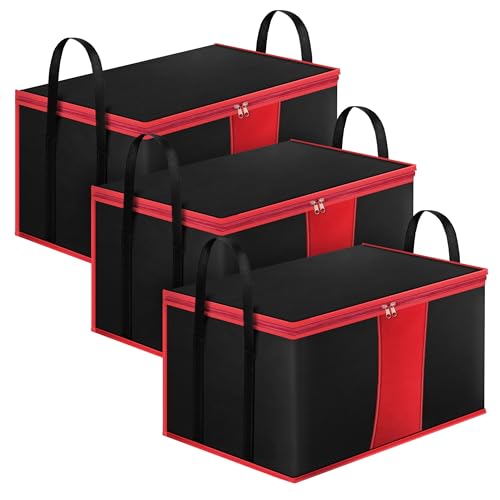 Storite 3 Pack Multi-Purpose Heavy Duty Nylon 110 L Super-Size Large Toys/ Stationery Paper/ Blankets/ Clothes Storage Bag with Zipper Closure and Strong Handle -Black/Red (63.5 x 45.7 x 38 cm)