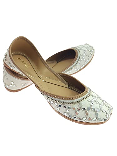 Image of Fulkari Women's Mirror Genuine Soft Leather Juttis | Bite and Pinch Free Jutis | Ladies Punjabi Jutti | Wedding Flat Stylish Mojari | Phulkari Ethnic Flats For Girls |